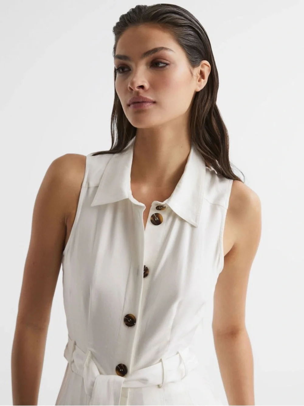Reiss White Sleeveless Collared Button-Front Midi Dress - Picture 2 of 6